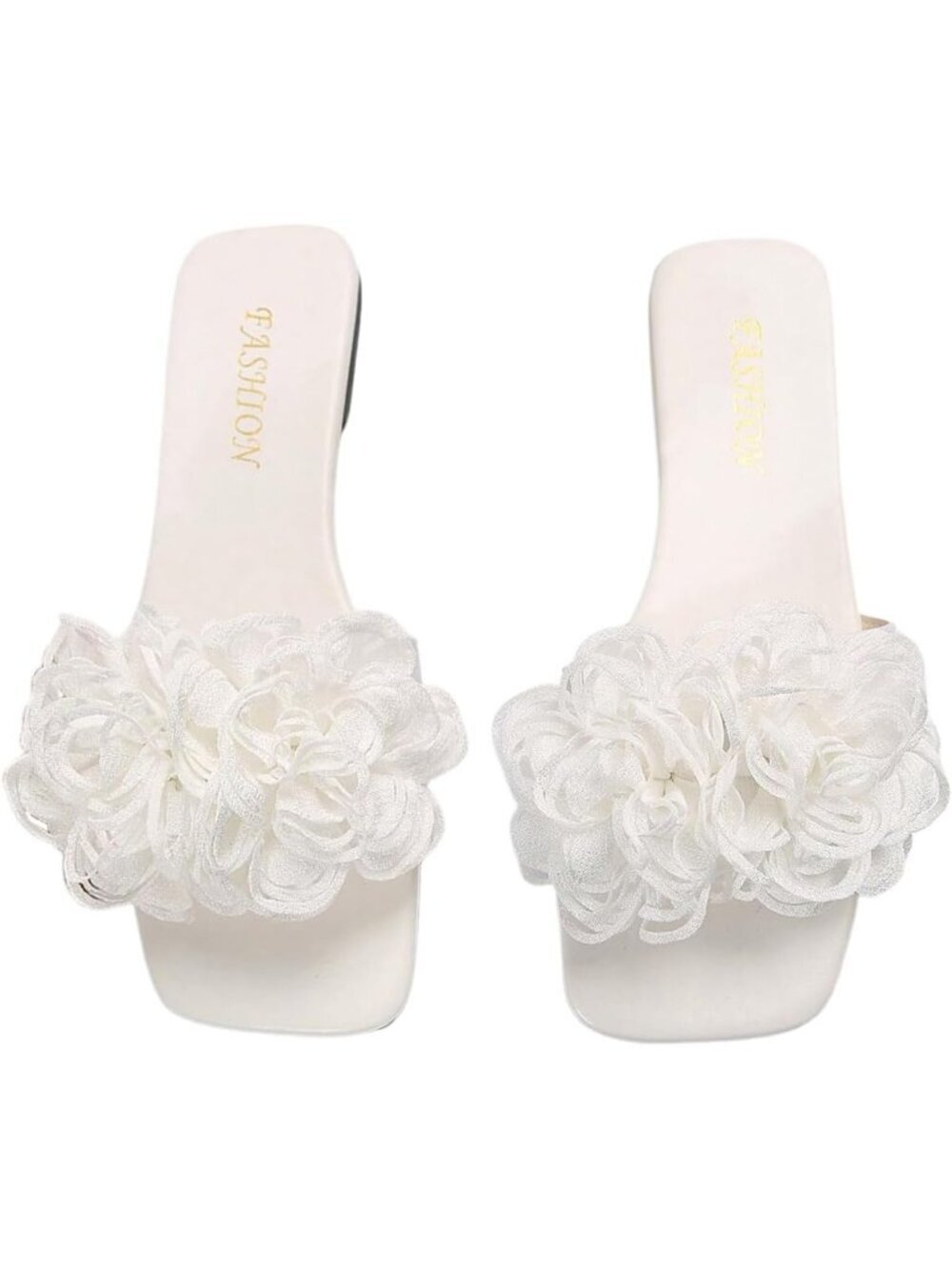 Women's 3D Floral Flat Sandals White Square Open Toe PU Leather Slip on Slides